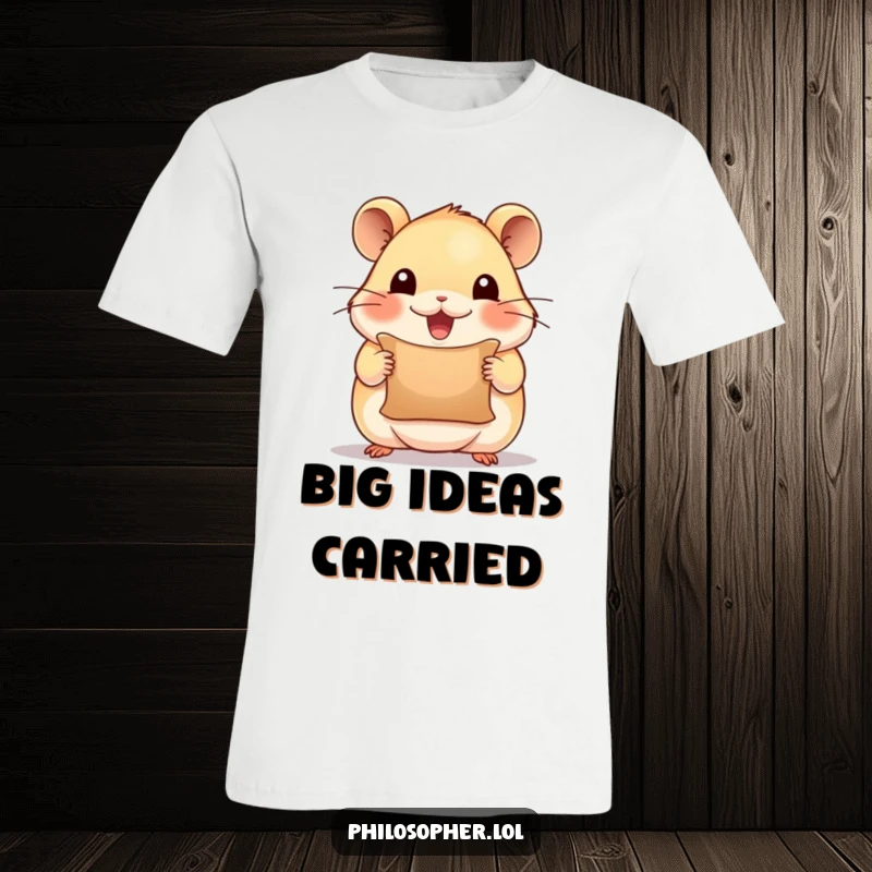 Funny t-shirt with a beaming hamster holding a tiny scroll, radiating inspiration and ready to share ideas, motivational and humorous.