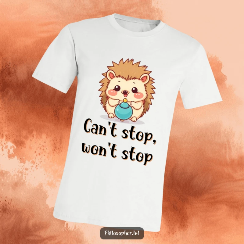 Funny hedgehog t-shirt depicting a happy hedgehog deeply pondering a precariously balanced spinning top in a humorous way.