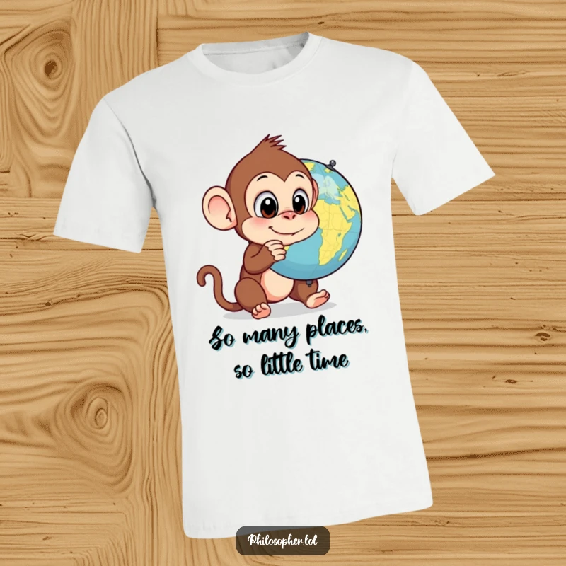 Funny monkey t-shirt, looking at a spinning globe with wonder, silly primate, adventurous spirit, humorous graphic tee.