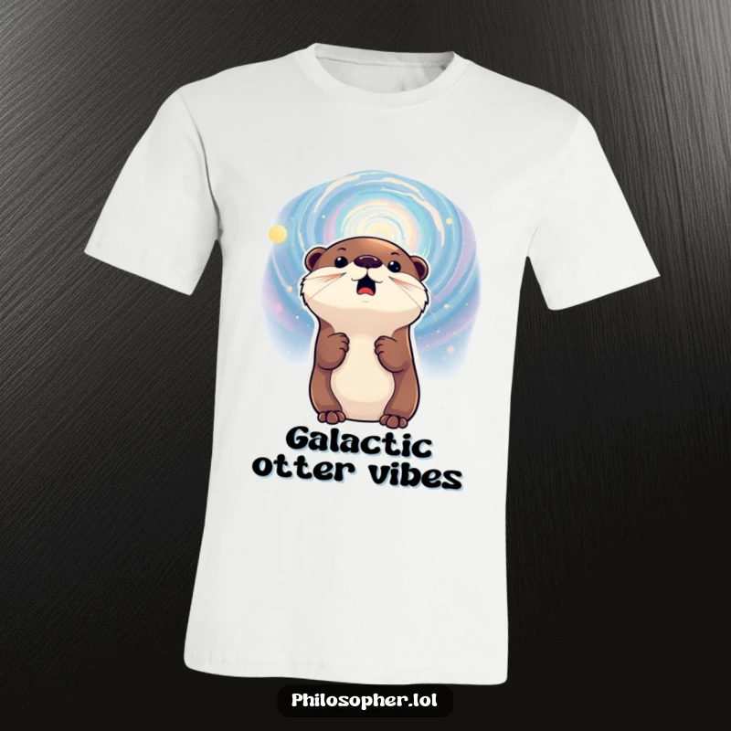 Funny t-shirt featuring an excited otter gazing at a swirling galaxy, embodying a sense of wonder and cosmic exploration.