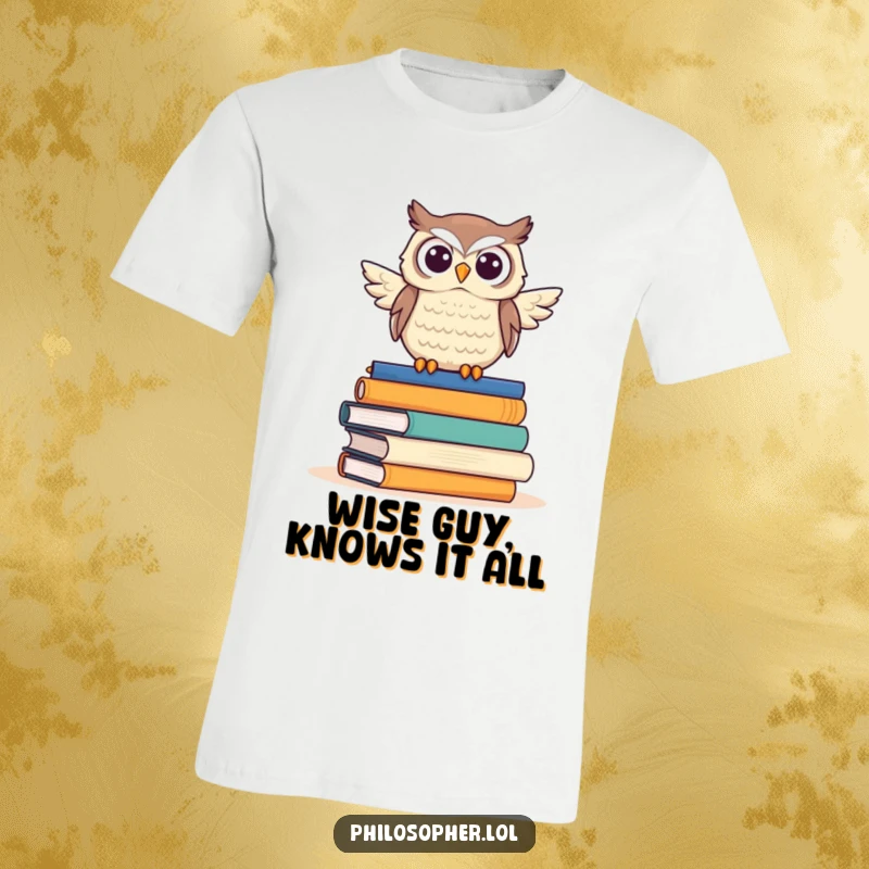 Funny owl scholar t-shirt, sitting proudly atop a pile of books, conveying intelligence and love for reading humorously.