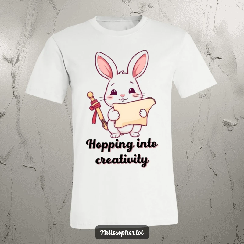 Funny Rabbit T-Shirt: A playful rabbit holds a scroll, looking inspired. This humorous graphic tee is great for creatives, a funny gift.