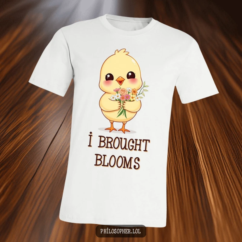 Funny cheerful chick, holding a tiny bouquet of flowers, printed on a t-shirt, representing kindness and a cheerful spirit.