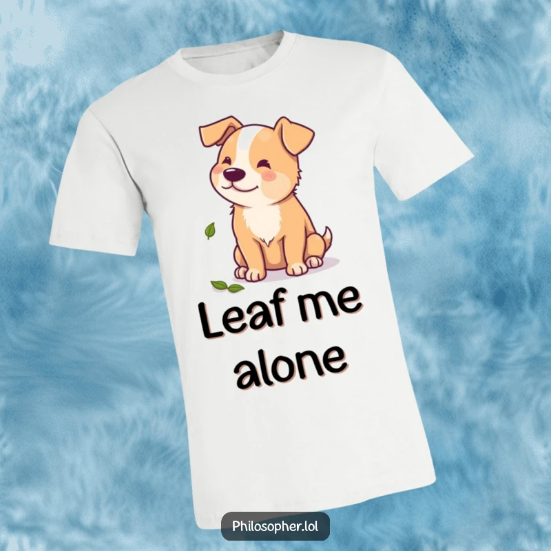 Funny t-shirt featuring a beaming dog contemplating a single scattered autumn leaf, expressing thoughtful amusement and love for fall.