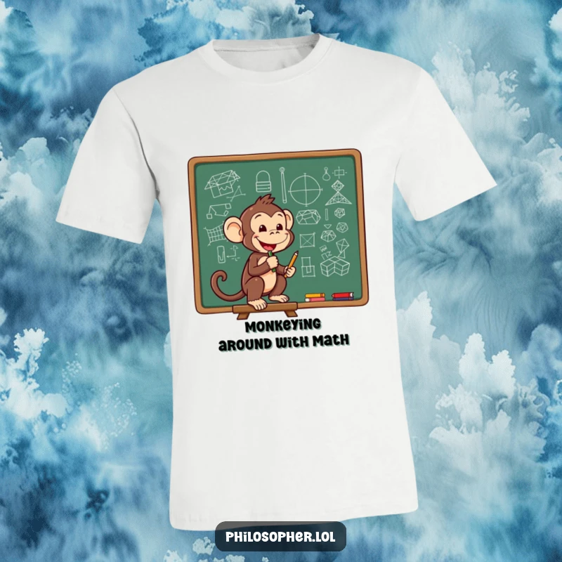 Funny t-shirt showcasing a cheerful monkey sketching intricate diagrams on a chalkboard, representing brilliant thought.