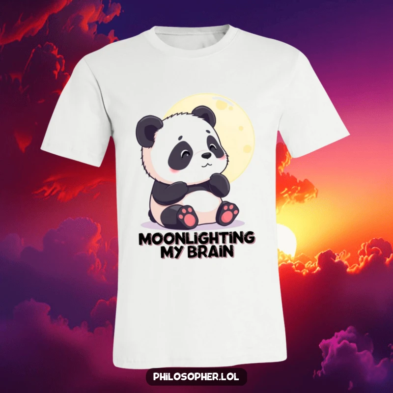 Funny t-shirt with a contented panda cub gazing thoughtfully at the moon, evoking peaceful nighttime wonder. Giftable.