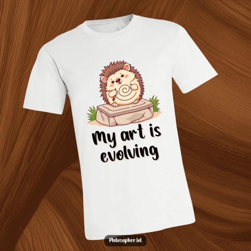 Funny hedgehog t-shirt, wobbling hedgehog drawing a spiral on a stone tablet, quirky art creation, cute animal graphic.