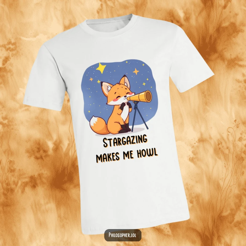 Funny Fox T-Shirt: A curious fox looks through a telescope at stars. This humorous graphic tee celebrates wonder, ideal for a funny gift.