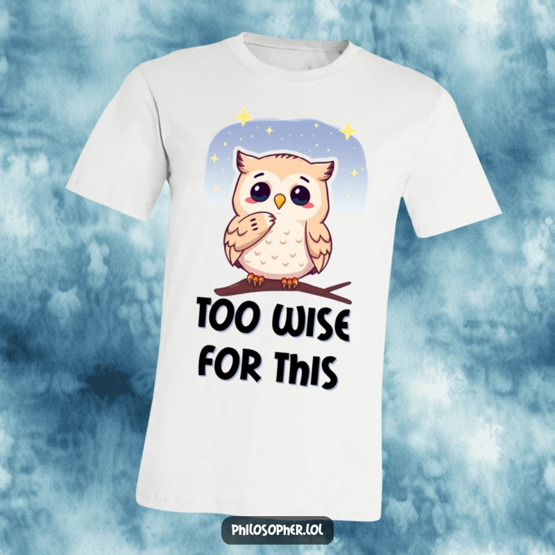 Funny t-shirt with a thoughtful owl stroking its chin, gazing at a starry sky, representing intellect and nighttime wonder humorously.