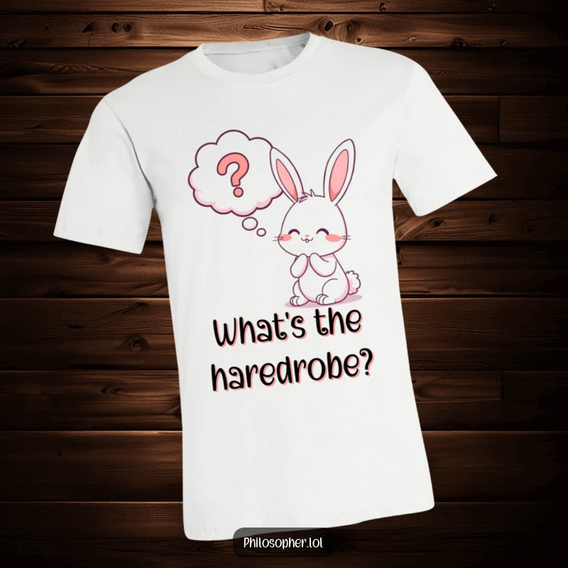 Funny bunny question mark t-shirt featuring a cheerful rabbit contemplating a large thought bubble with a question mark.