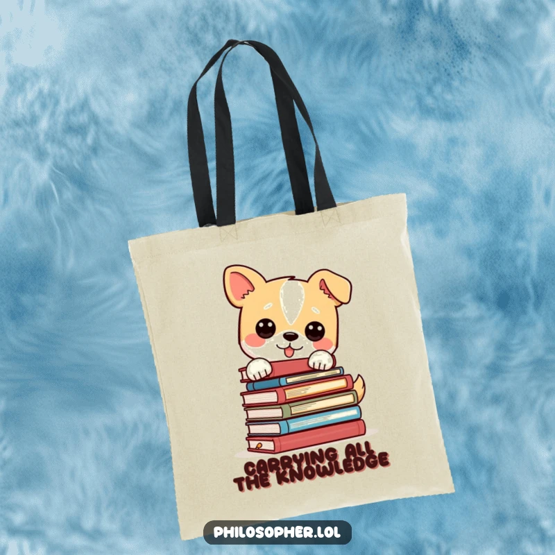 Funny dog with a stack of philosophy books magically balanced on its head, a whimsical tote for book lovers.