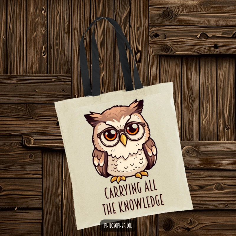 Funny owl tote bag, curious owl wearing tiny spectacles, deep in thought illustration, book lover accessory.