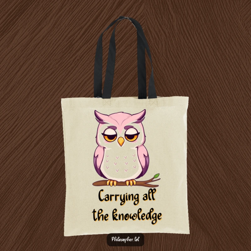 Funny tote bag with a contemplative owl stroking its chin, deep in thought.