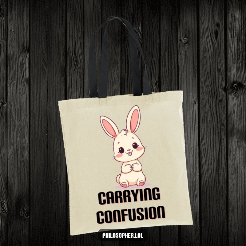 Funny tote bag featuring a happy bunny contemplating a giant question mark, symbolizing curiosity, thought, and a love for the unknown.