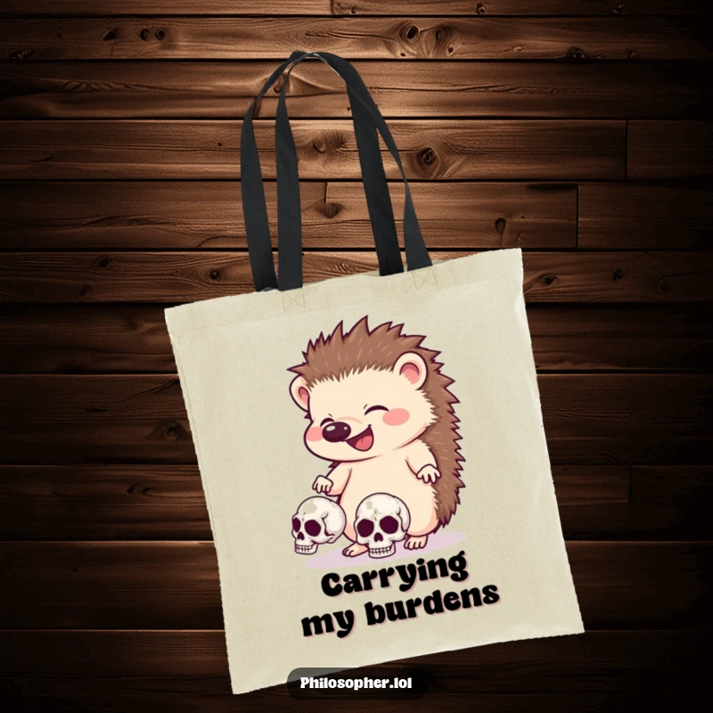 Funny hedgehog tote bag, carrying groceries, giggling animal juggling skulls, spooky and humorous accessory.