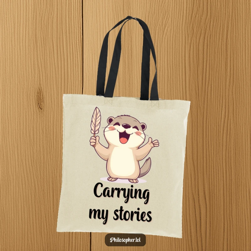 Funny tote bag depicting a cheerful otter energetically gesturing with a feather quill, symbolizing creative expression.