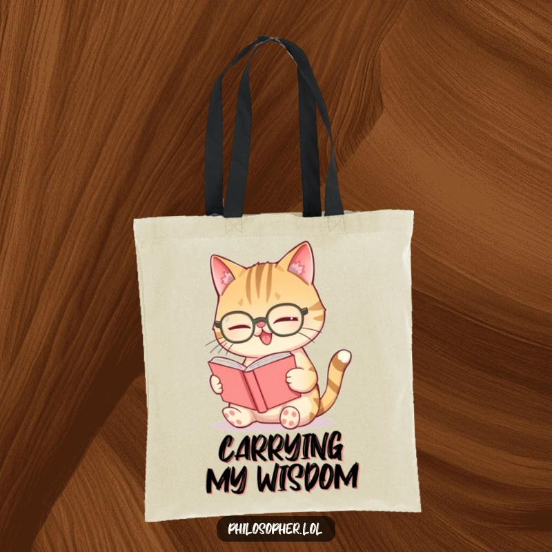 Funny giggling cat spectacles tote bag, a cat with glasses laughing while reading a very small book.