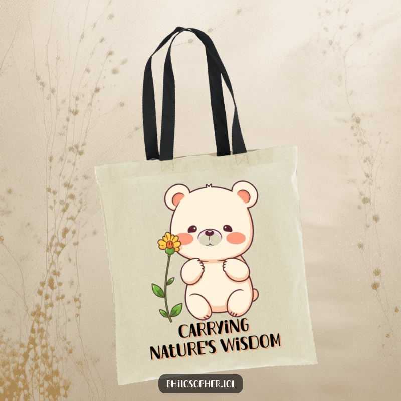 Funny bear tote bag, beaming bear gesturing thoughtfully towards a single flower, nature tote, cute animal graphic.
