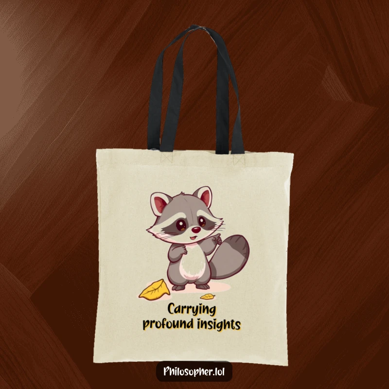 Funny tote bag showing a mischievous raccoon pointing at a fallen leaf, deep in thought about its meaning. Humorous accessory. Gift.