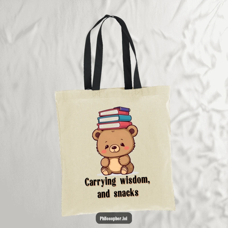 Funny bear cub with philosophy books on its head, a tote bag design, perfect for carrying books and essentials.