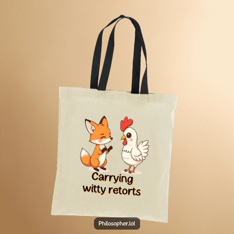 Funny tote bag showing a fox engaged in a comical debate with a rubber chicken, perfect for carrying items with a dose of playful absurdity.