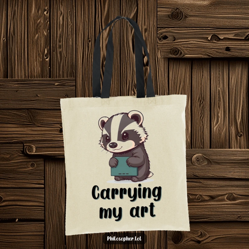 Funny tote bag featuring a determined badger focused on sketching on a miniature chalkboard, ideal for carrying art essentials humorously.