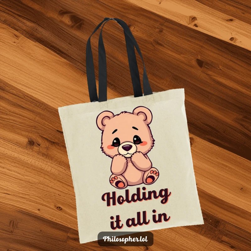 Funny bear cub tote bag featuring a contemplative cub in a classic thinking pose, ready for adventures.