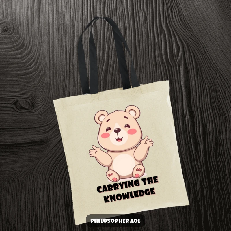 Funny bear tote bag featuring a smiling bear illustrating an idea with gestures, great for errands and carrying supplies.
