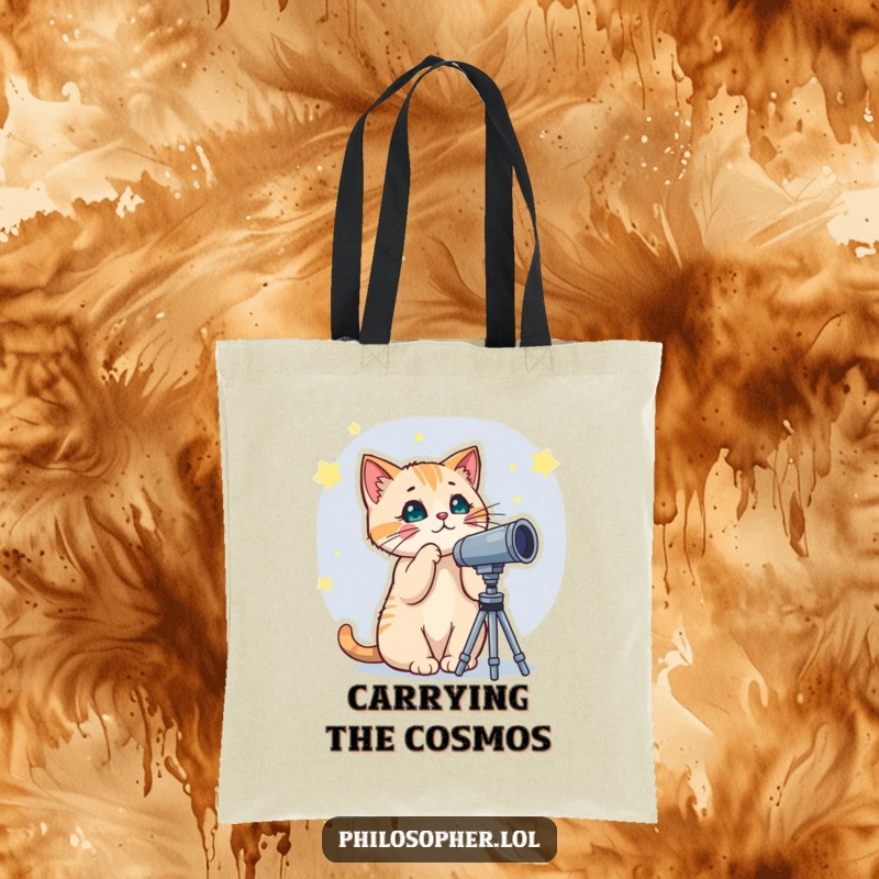 Funny tote bag showing a cat using a telescope to view stars, perfect for carrying books or daily necessities for the celestial explorer.
