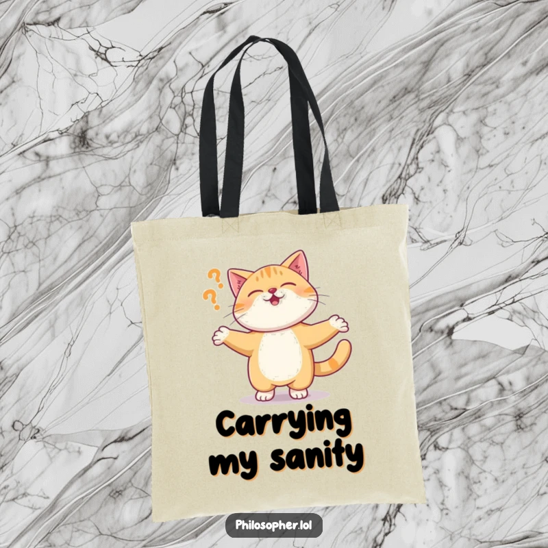 Funny tote bag featuring a giggling cat in a dizzying spin, mindfully questioning the fabric of reality with a smile.