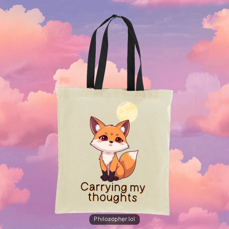 Funny tote bag with a determined fox gazing at the moon, perfect for carrying daily items with a touch of deep, humorous thought.