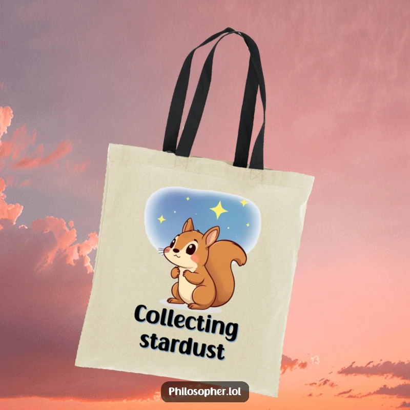 Funny tote bag featuring a determined squirrel gazing at a beautiful starry night sky, symbolizing big dreams and aspirations.