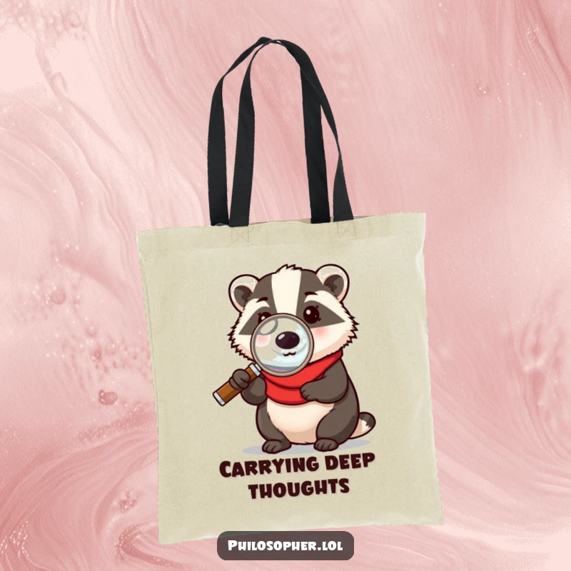 Funny tote bag featuring a badger with a magnifying glass, humorously inspecting the contents or the world, great for carrying books or shopping.