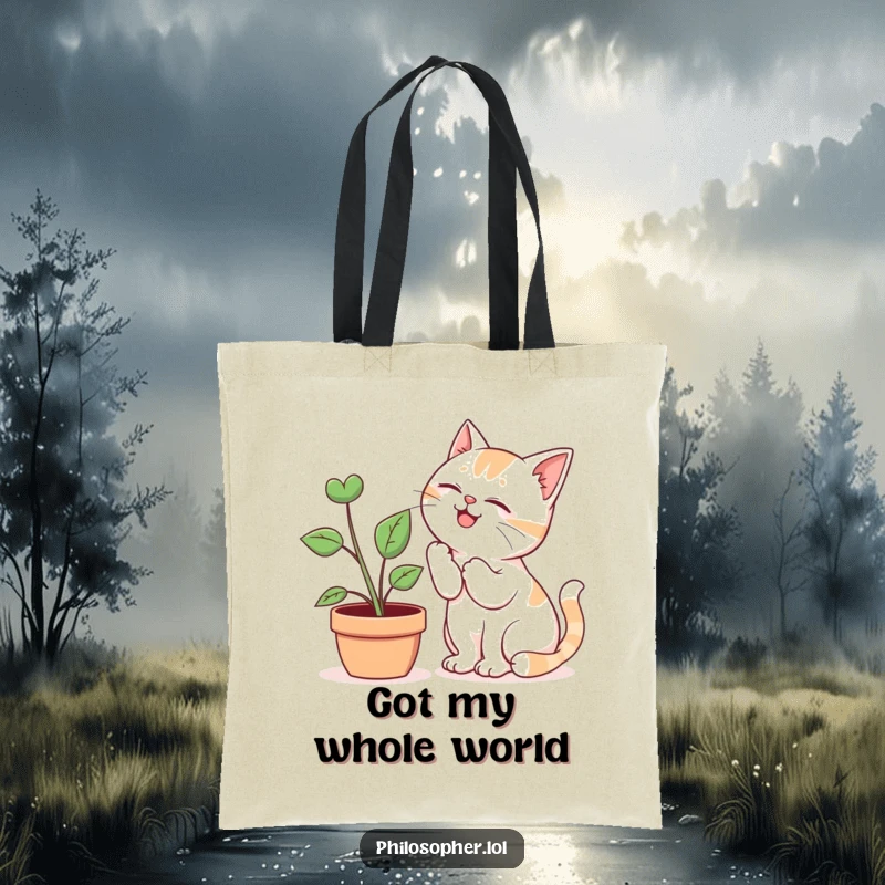 Funny Tote Bag: A giggling cat whispering secrets to a potted plant, ideal for carrying items with a humorous and botanical touch.