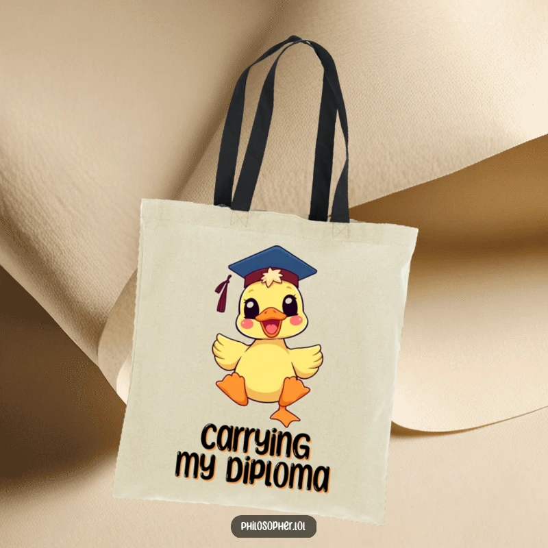 Funny delighted duck wearing a mortarboard hat, on a tote bag, a humorous symbol of academic accomplishment.