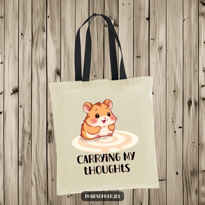 Funny hamster labyrinth tote bag: a practical bag with a smiling hamster contemplating a maze, for carrying essentials.