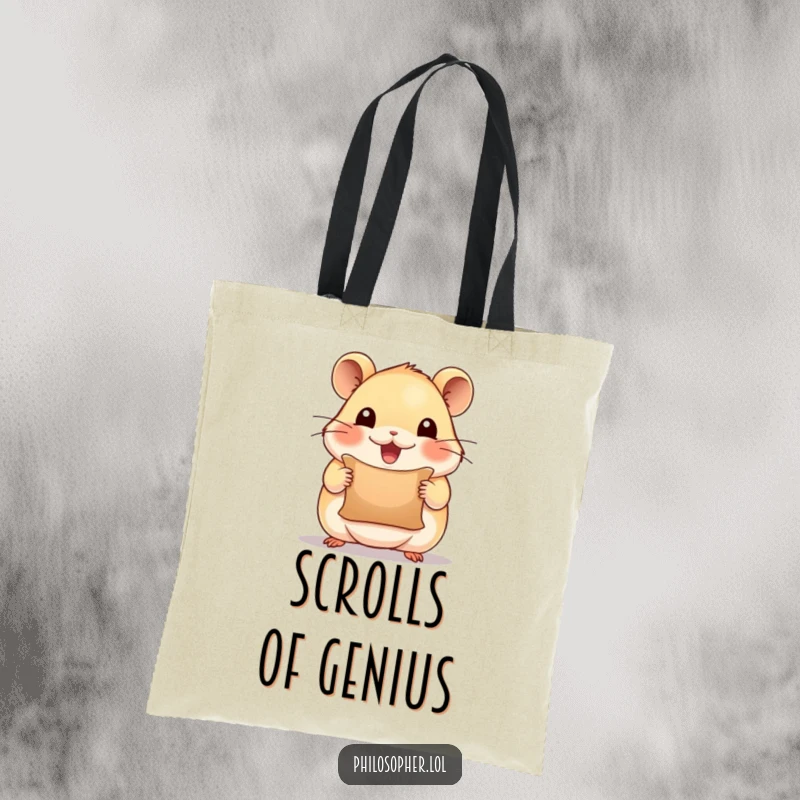 Funny tote bag with a beaming hamster holding a tiny scroll, looking inspired, perfect for carrying inspiration and daily items.