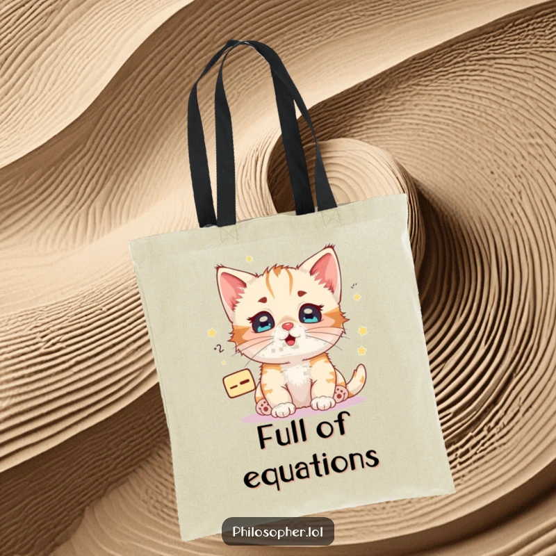 Funny kitten math equation tote bag, a happy kitten with starry eyes pondering a floating equation.