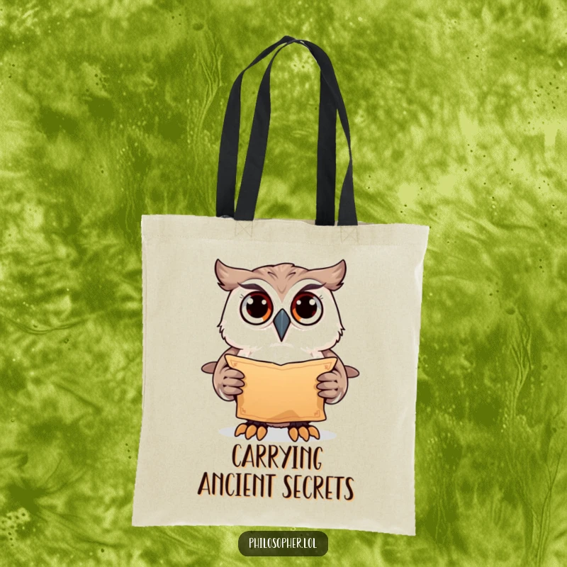 Funny owl with scroll, sturdy tote bag, ancient mystery print, great funny gift for researchers.