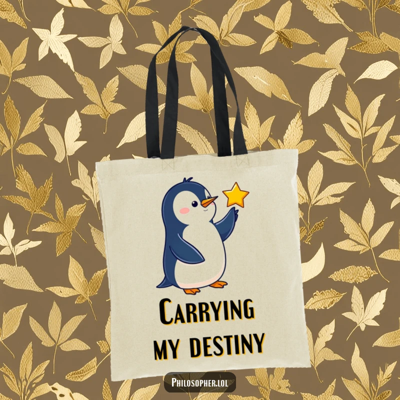 Funny penguin tote bag featuring a wise bird pointing at a star, perfect for carrying dreams.