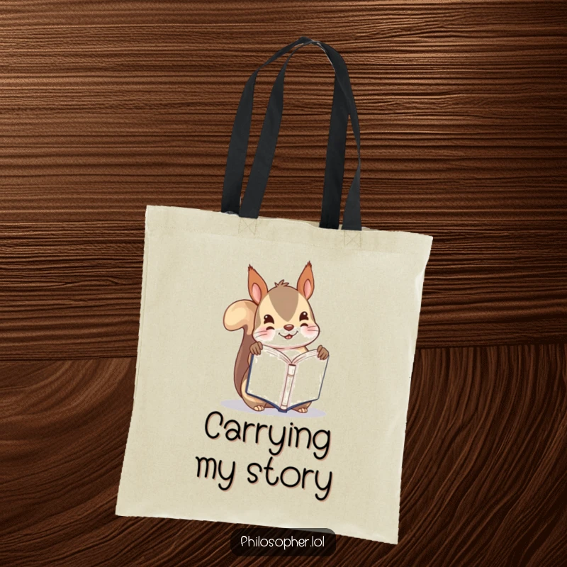 Funny tote bag showing a playful squirrel holding a tiny book upside down, perfect for carrying books and smiles.