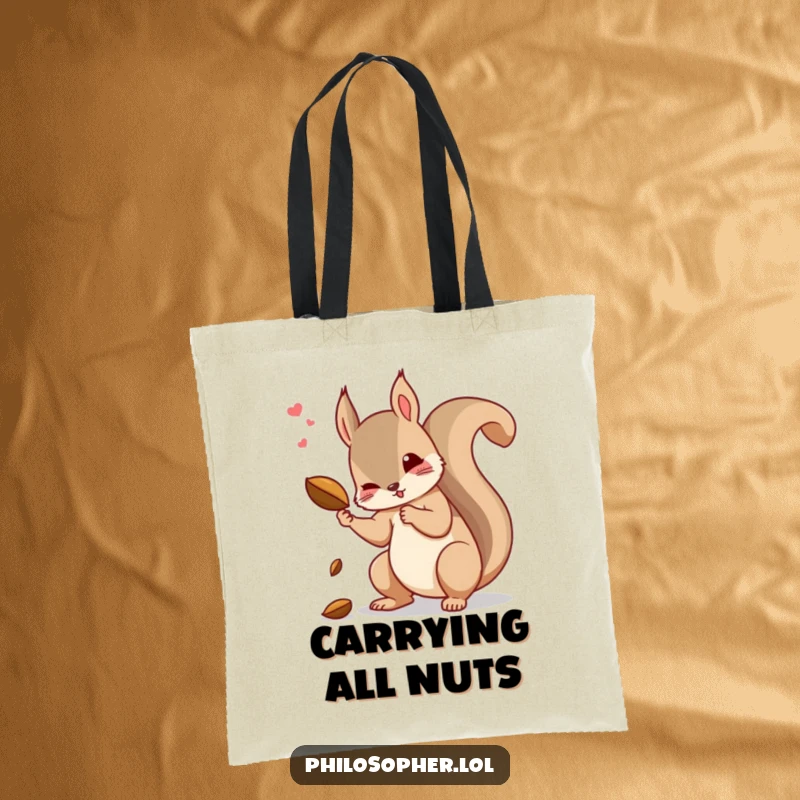 Funny squirrel tote bag featuring a dramatic squirrel pondering the physics of a dropped nut.