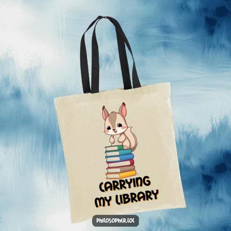 Funny tote bag showcasing a cute, mischievous squirrel struggling to balance an enormous stack of books, a practical and humorous accessory.