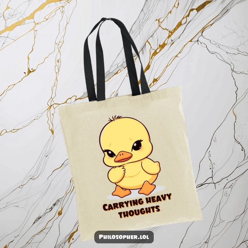 Funny tote bag featuring a duckling with furrowed brows in deep contemplation, symbolizing thoughtful journeys and comical intellect.