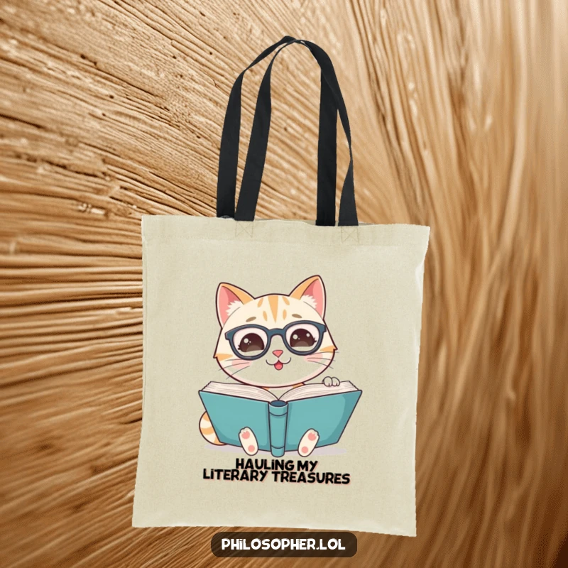 Funny tote bag with a smiling cat wearing spectacles, reading a large book, ideal for carrying library finds.
