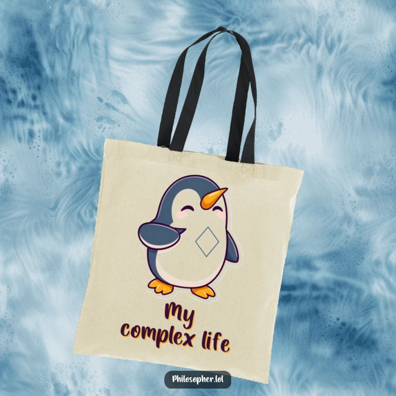Funny Penguin Geometry Tote Bag showing a curious penguin pointing at a complex shape, great for carrying supplies with style.