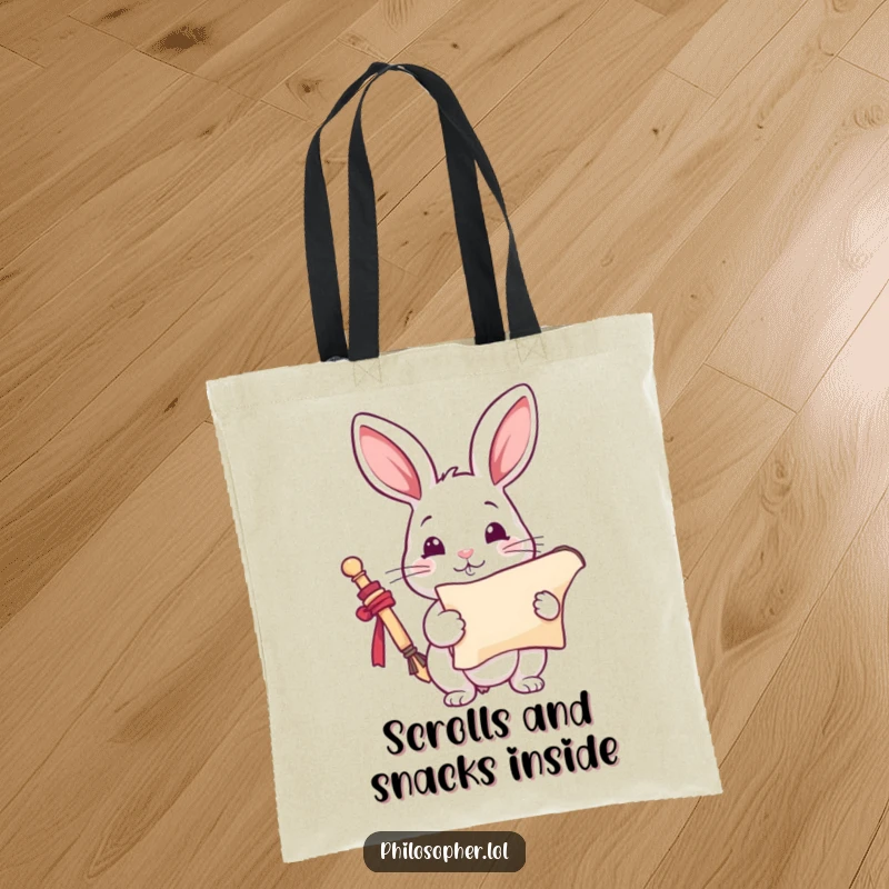 Funny Rabbit Tote Bag: A playful rabbit holds a scroll, looking inspired. This humorous tote is practical and stylish, a funny gift.